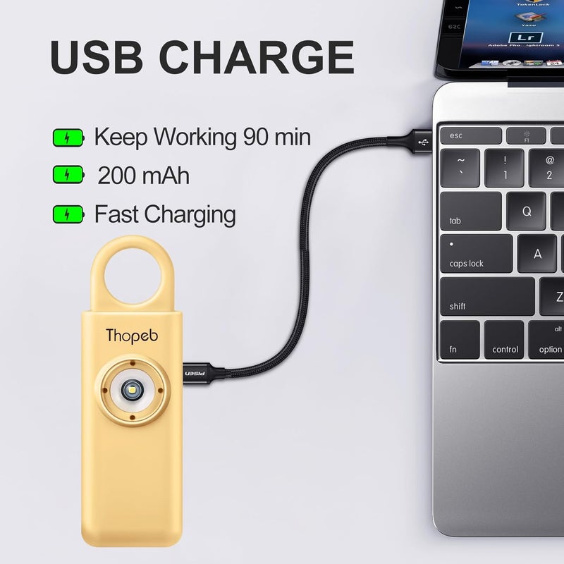 Thopeb – Personal Safety Alarm for Women–135dB Siren, Strobe Light and Rechargeable - Safety Alarm Keychain for Women (Metallic Gold) - Image 2